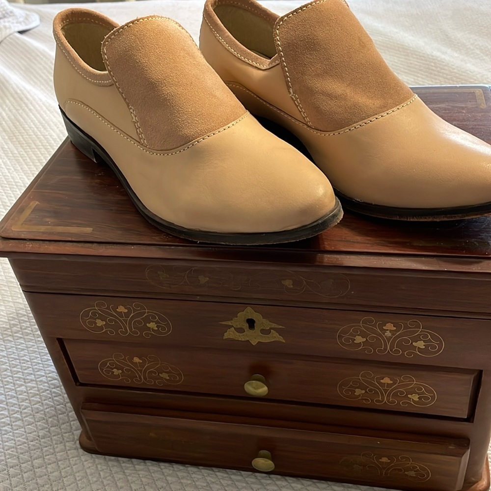 Free People Updated Loafer in Tan Leather and Suade, One Inch Heel, Like New